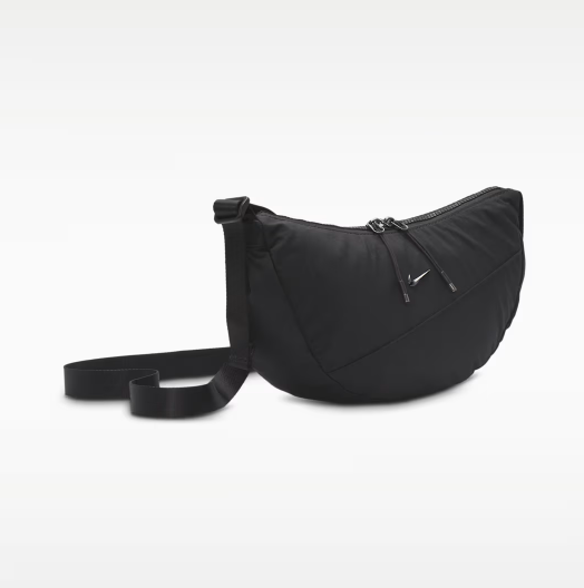 Nike AURA practical crescent-shaped crossbody bag for summer storage with zippered pockets and adjustable shoulder strap-Black/Black/Gunmetal