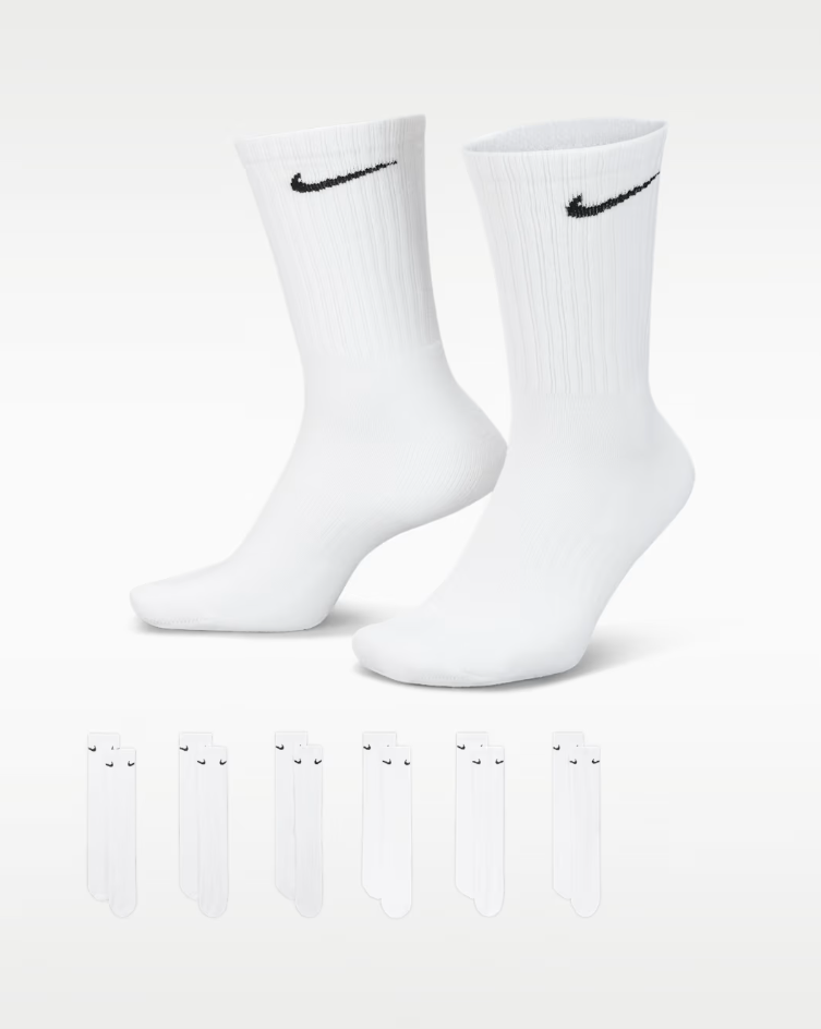 Nike Everyday Cushioned Training Crew Socks 6 Pairs, Unisex Sports Socks with Soft Comfort Fit, Breathable Gym & Everyday Essentials, UK TikTok Viral Activewear Style,WHite 6Pairs