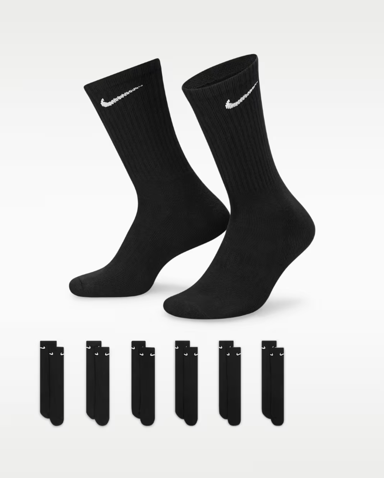 Nike Everyday Cushioned Training Crew Socks 6 Pairs, Unisex Sports Socks with Soft Comfort Fit, Breathable Gym & Everyday Essentials, UK TikTok Viral Activewear Style,Black 6Pairs